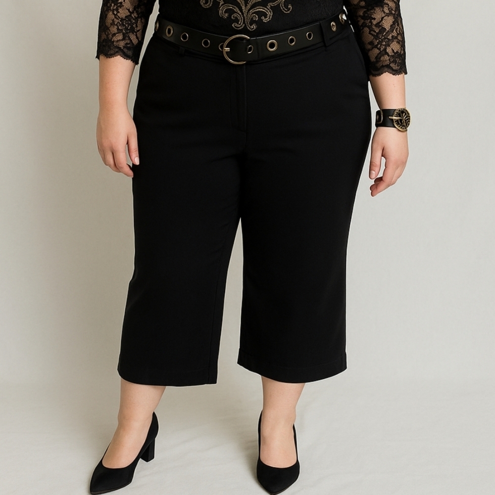 Worthington Black Culottes Stretchy Wide Leg Cropped Palazzo Pants 22W Pockets